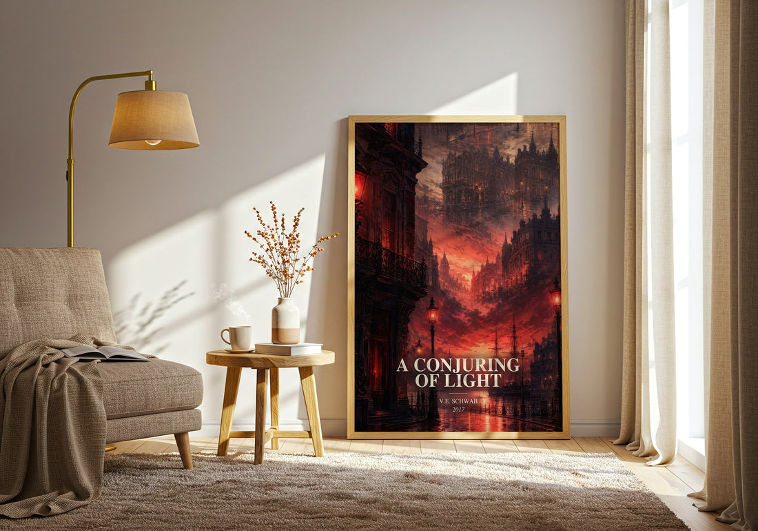 A Conjuring of Light watercolour print in frame leaning in hallway – fantasy wall art (mockup)