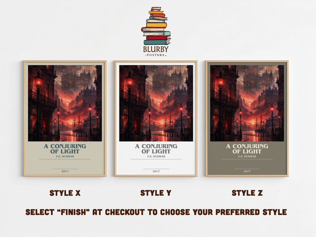 A Conjuring of Light bookish print in frame leaning in hallway – fantasy wall art (mockup)