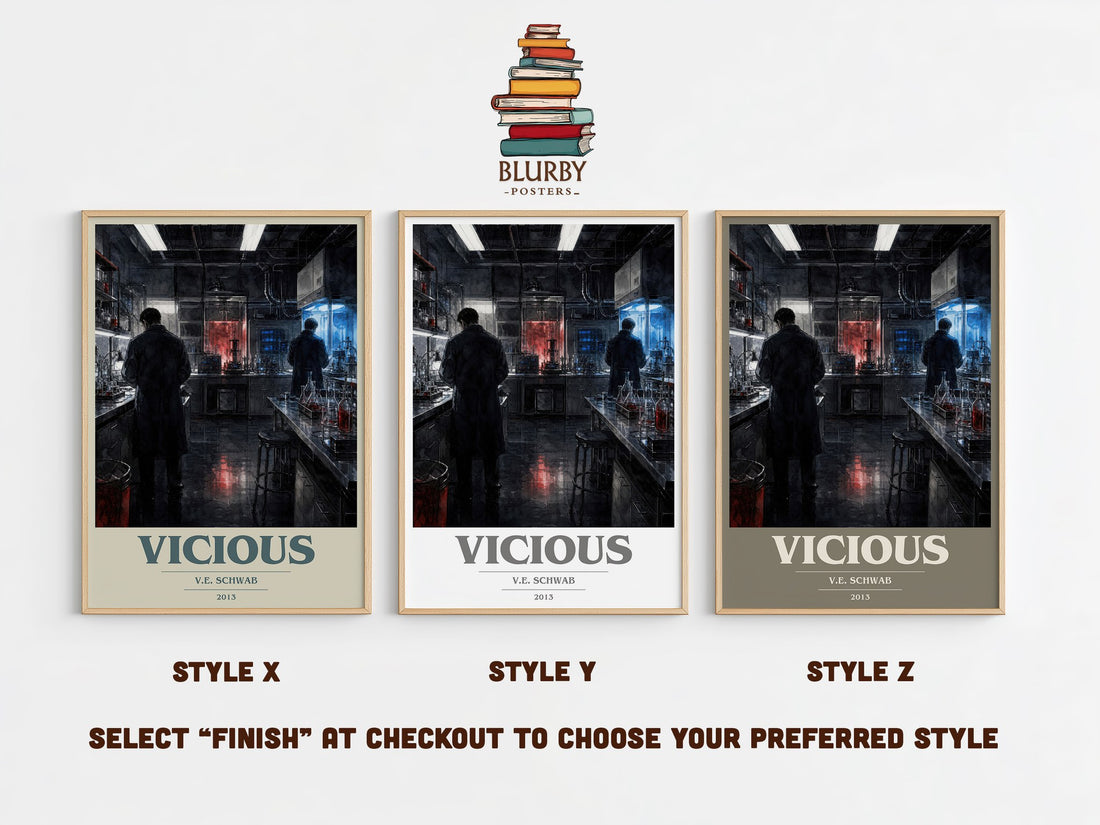 Vicious book cover print in frame leaning in hallway – fantasy wall art (mockup)