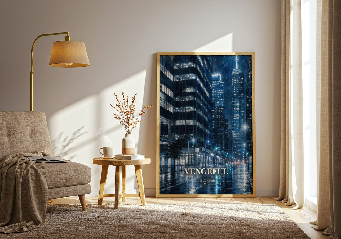 Vengeful watercolour print in frame leaning in hallway – fantasy wall art (mockup)