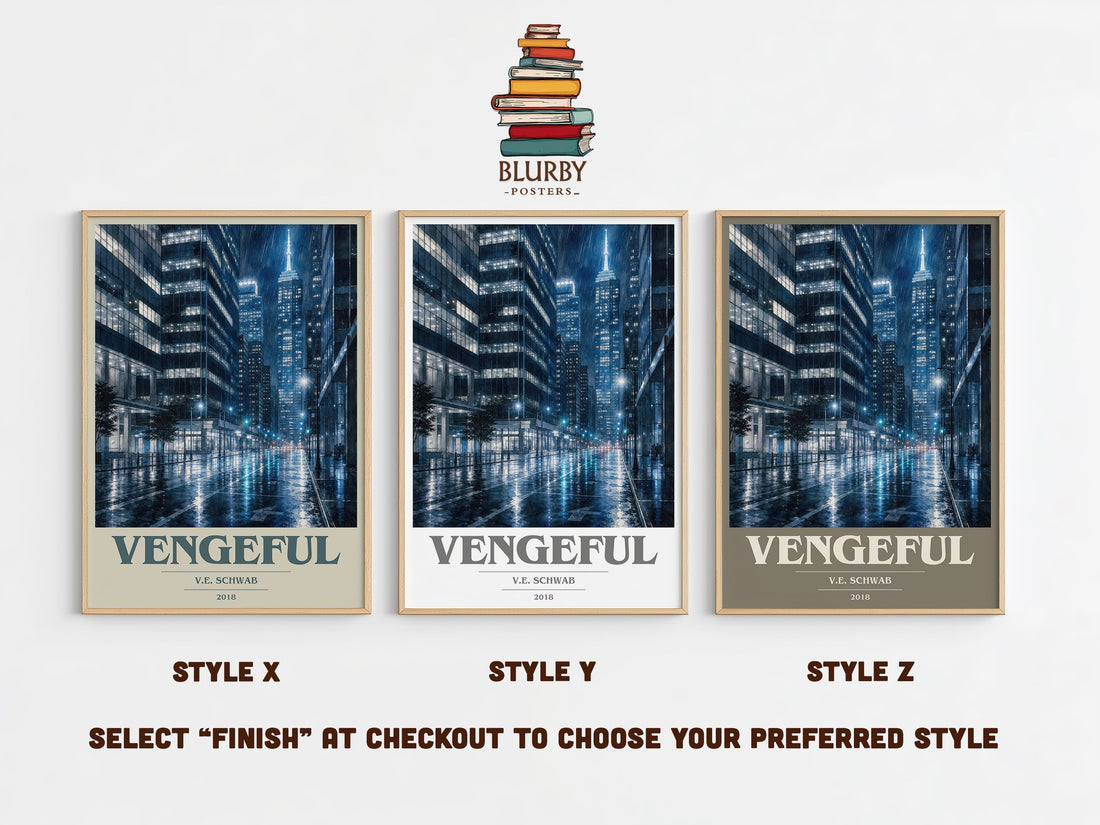 Vengeful book cover print in frame leaning in hallway – fantasy wall art (mockup)