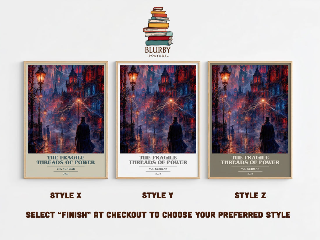 The Fragile Threads of Power book cover print in frame leaning in hallway – fantasy wall art (mockup)
