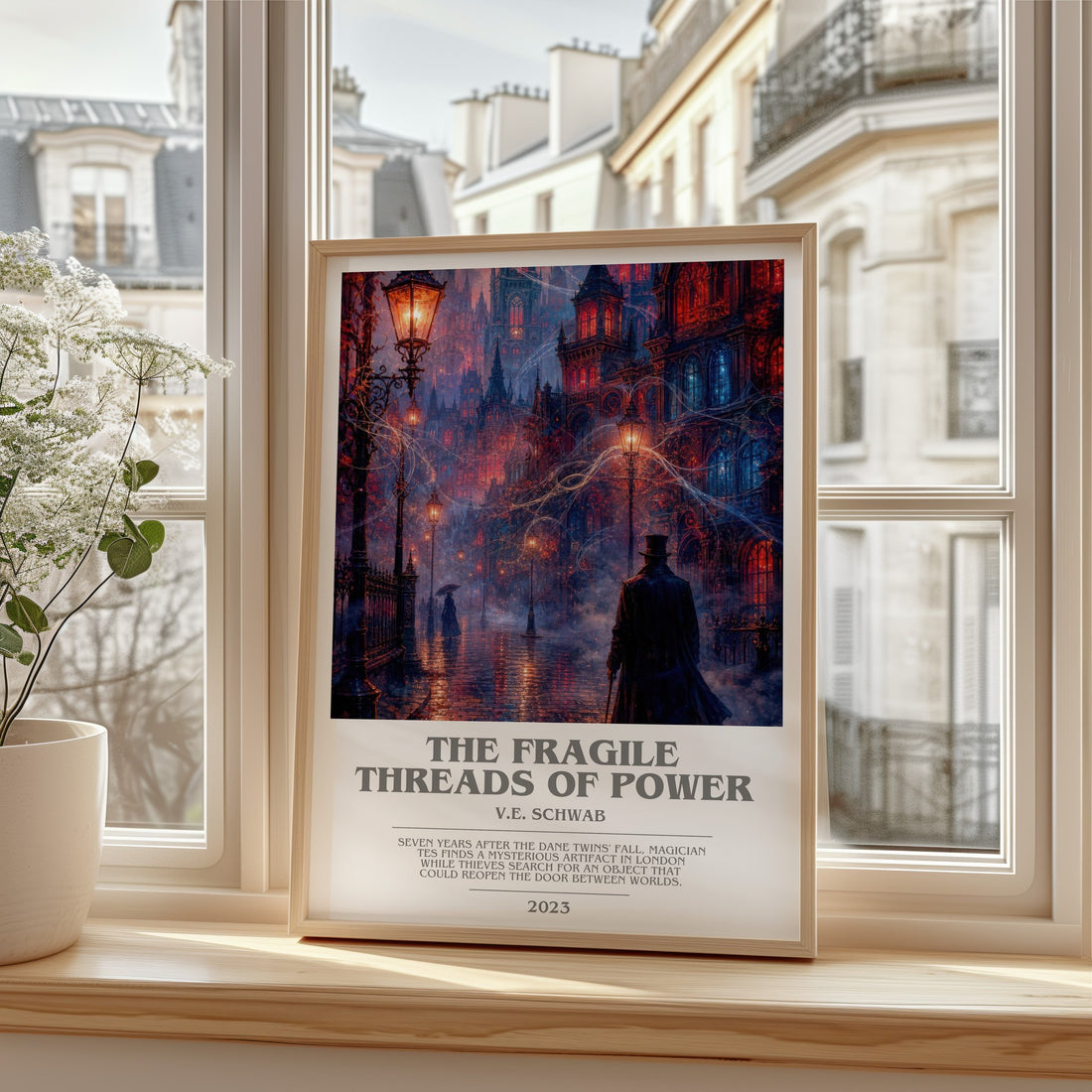 The Fragile Threads of Power Bookish Wall Art by V.E. Schwab – framed print by a bright window
