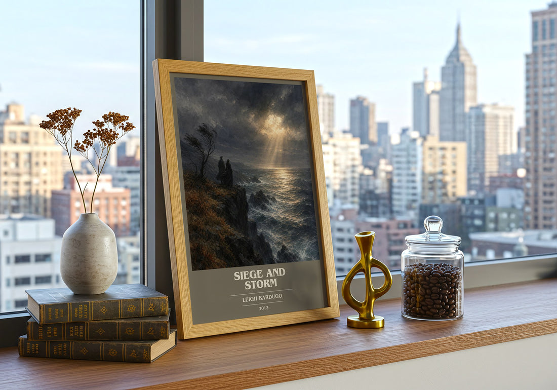 Siege and Storm book cover print framed by window – literary home decor