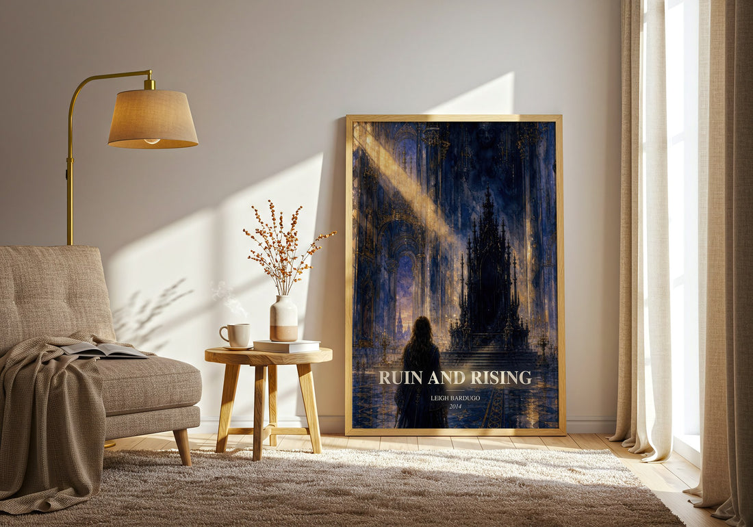 Ruin and Rising watercolour print in frame leaning in hallway – fantasy wall art (mockup)