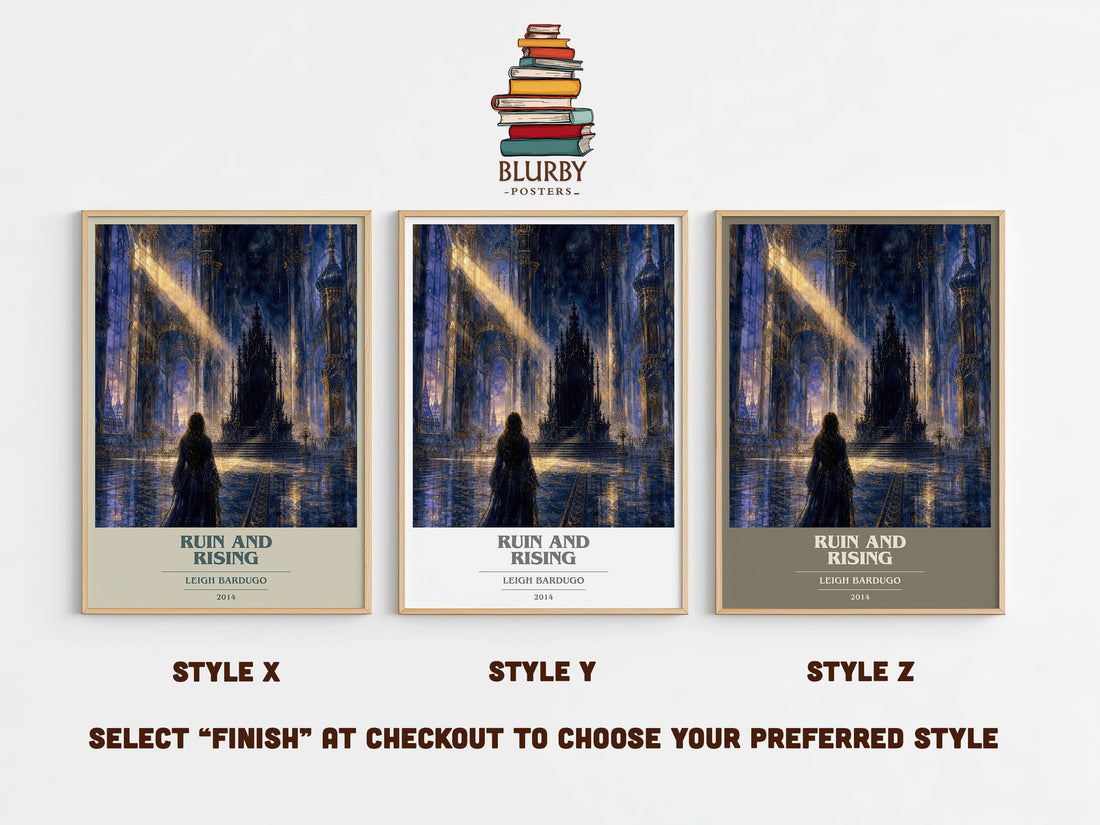 Ruin and Rising book cover print in frame leaning in hallway – fantasy wall art (mockup)