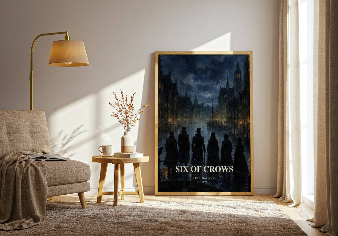 Six of Crows watercolour print in frame leaning in hallway – fantasy wall art (mockup)