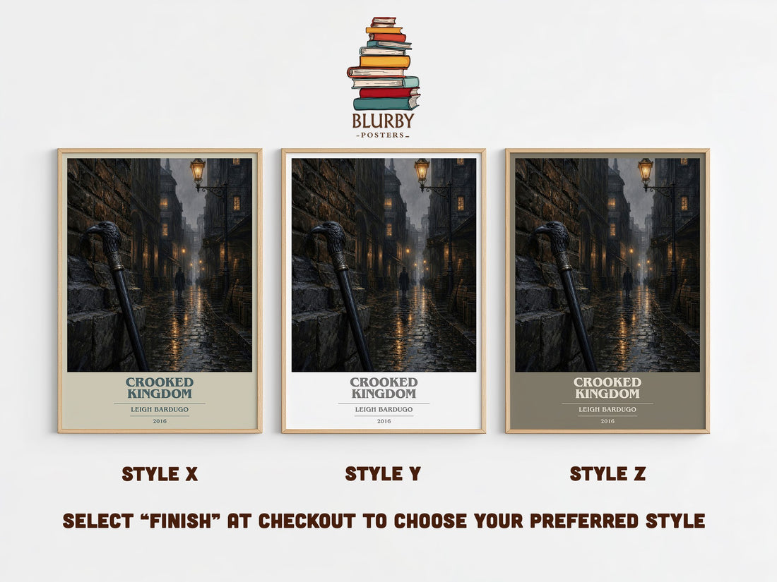 Crooked Kingdom book cover print in frame leaning in hallway – fantasy wall art (mockup)
