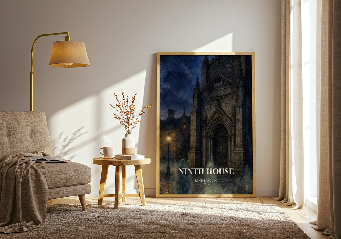 Ninth House watercolour print in frame leaning in hallway – fantasy wall art (mockup)