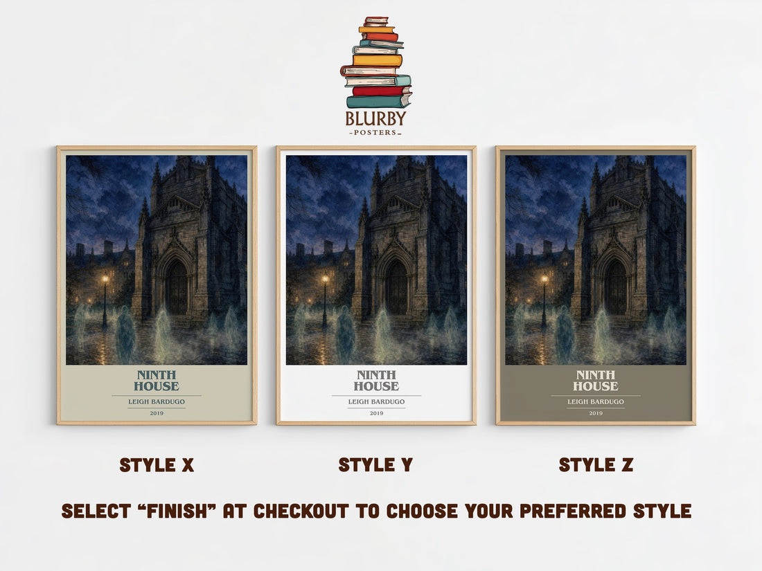 Ninth House book cover print in frame leaning in hallway – fantasy wall art (mockup)
