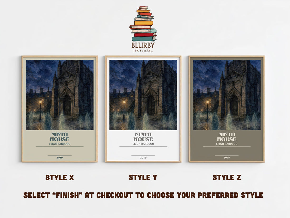 Ninth House bookish print in frame leaning in hallway – fantasy wall art (mockup)