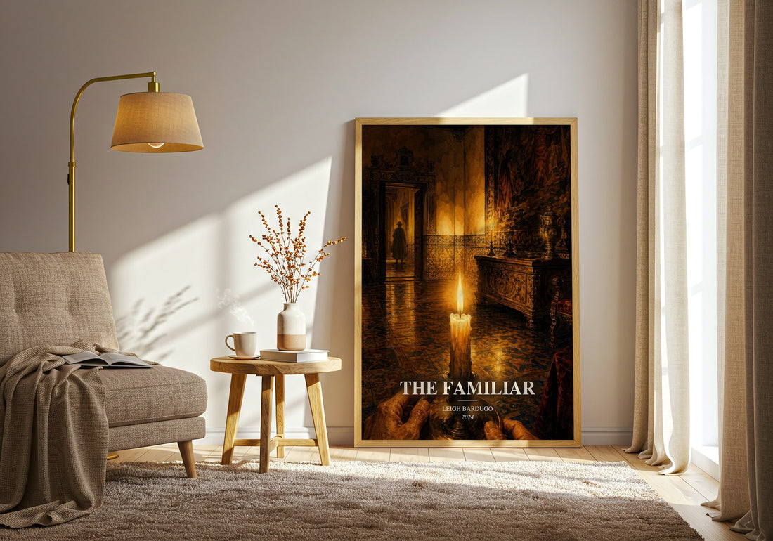 The Familiar watercolour print in frame leaning in hallway – fantasy wall art (mockup)