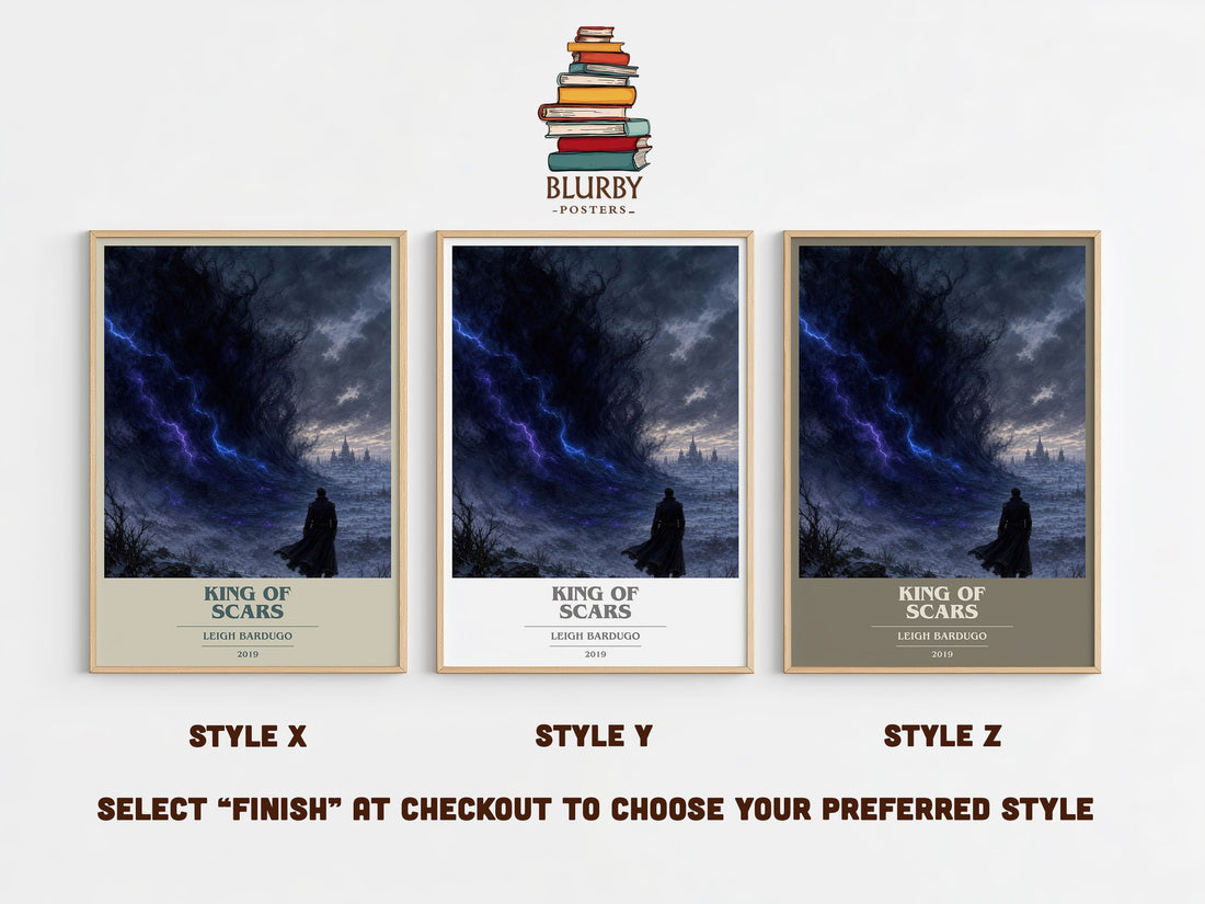 King of Scars book cover print in frame leaning in hallway – fantasy wall art (mockup)