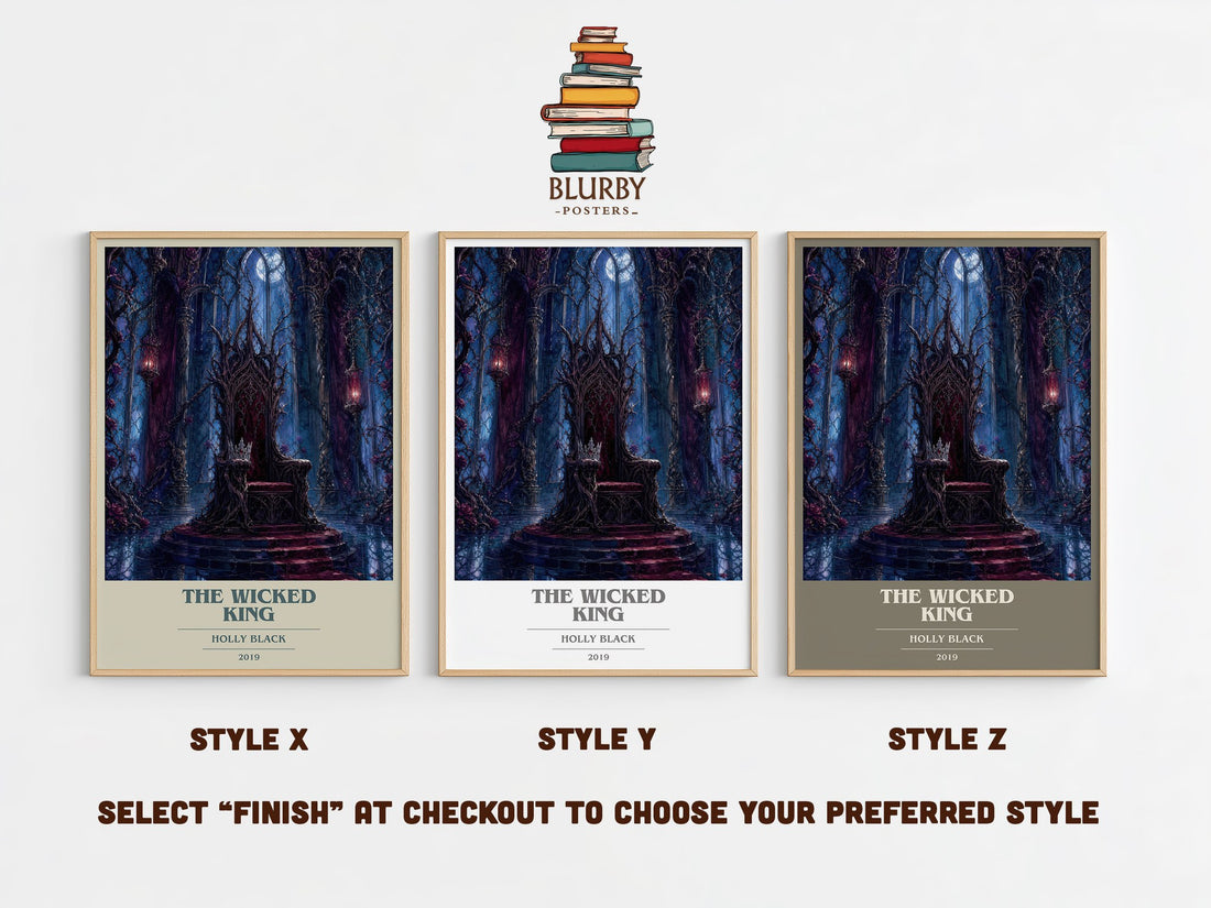 The Wicked King book cover print in frame leaning in hallway – fantasy wall art (mockup)