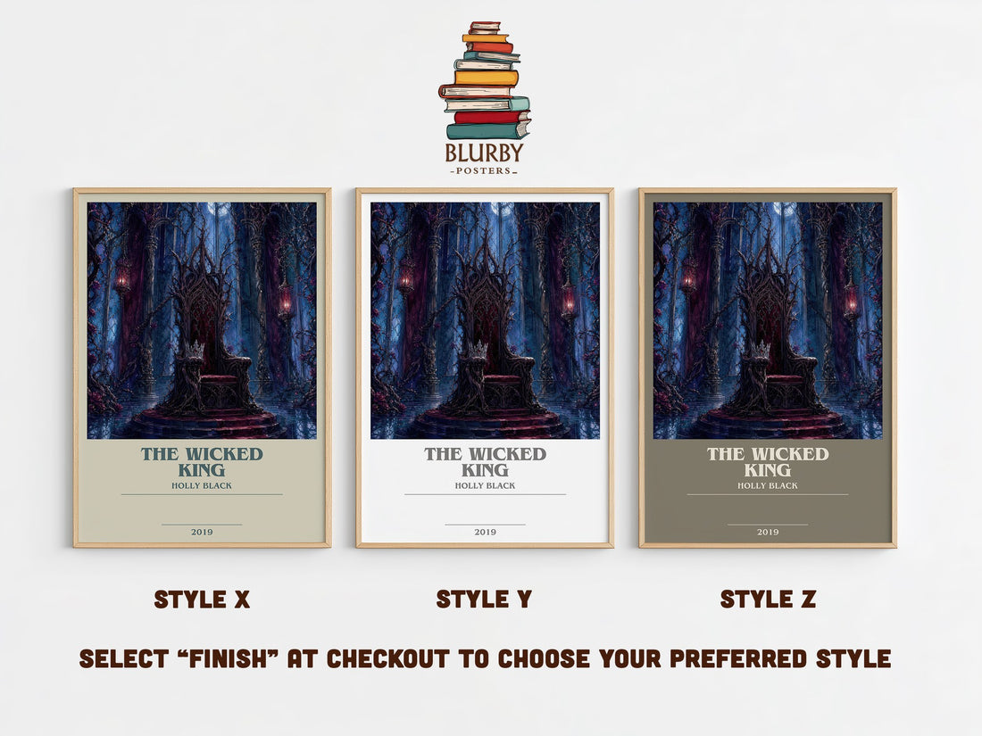 The Wicked King bookish print in frame leaning in hallway – fantasy wall art (mockup)