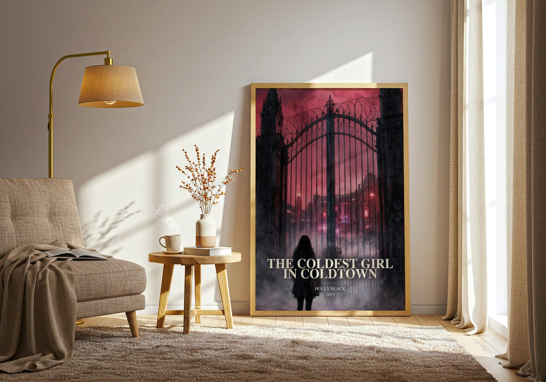 The Coldest Girl in Coldtown watercolour print in frame leaning in hallway – young adult wall art (mockup)