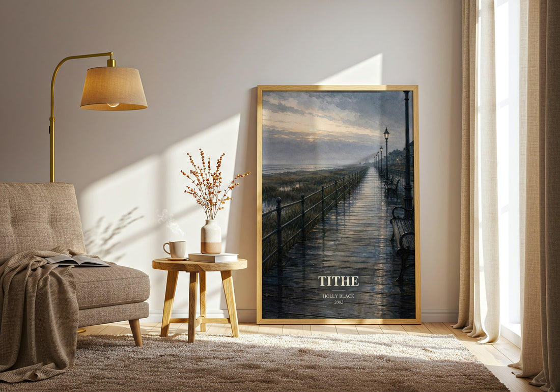 Tithe watercolour print in frame leaning in hallway – fantasy wall art (mockup)