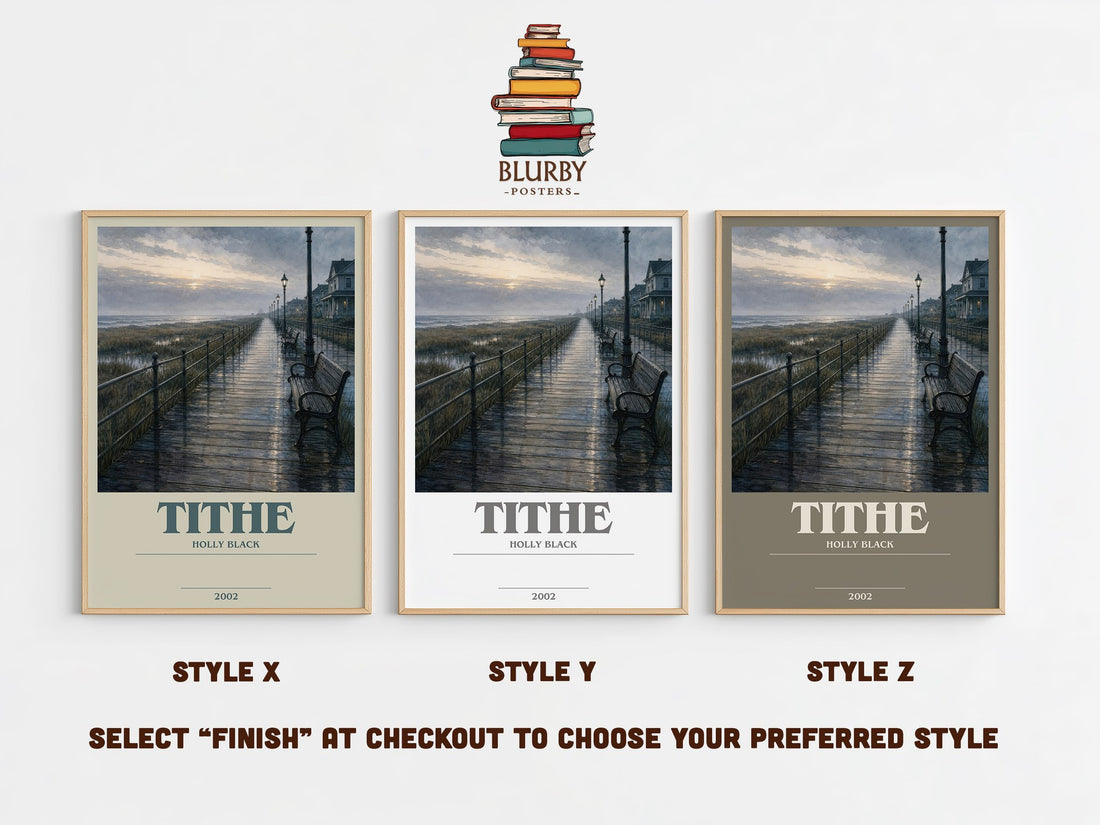 Tithe bookish print in frame leaning in hallway – fantasy wall art (mockup)