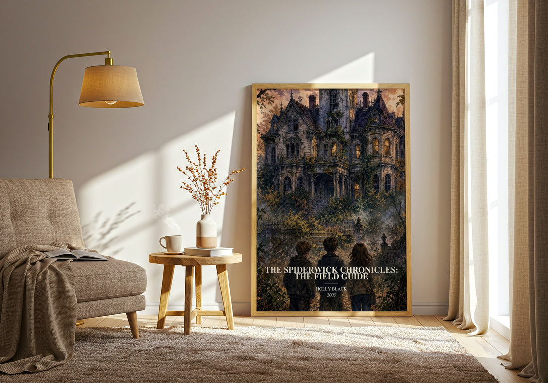 The Spiderwick Chronicles: The Field Guide watercolour print in frame leaning in hallway – fantasy wall art (mockup)