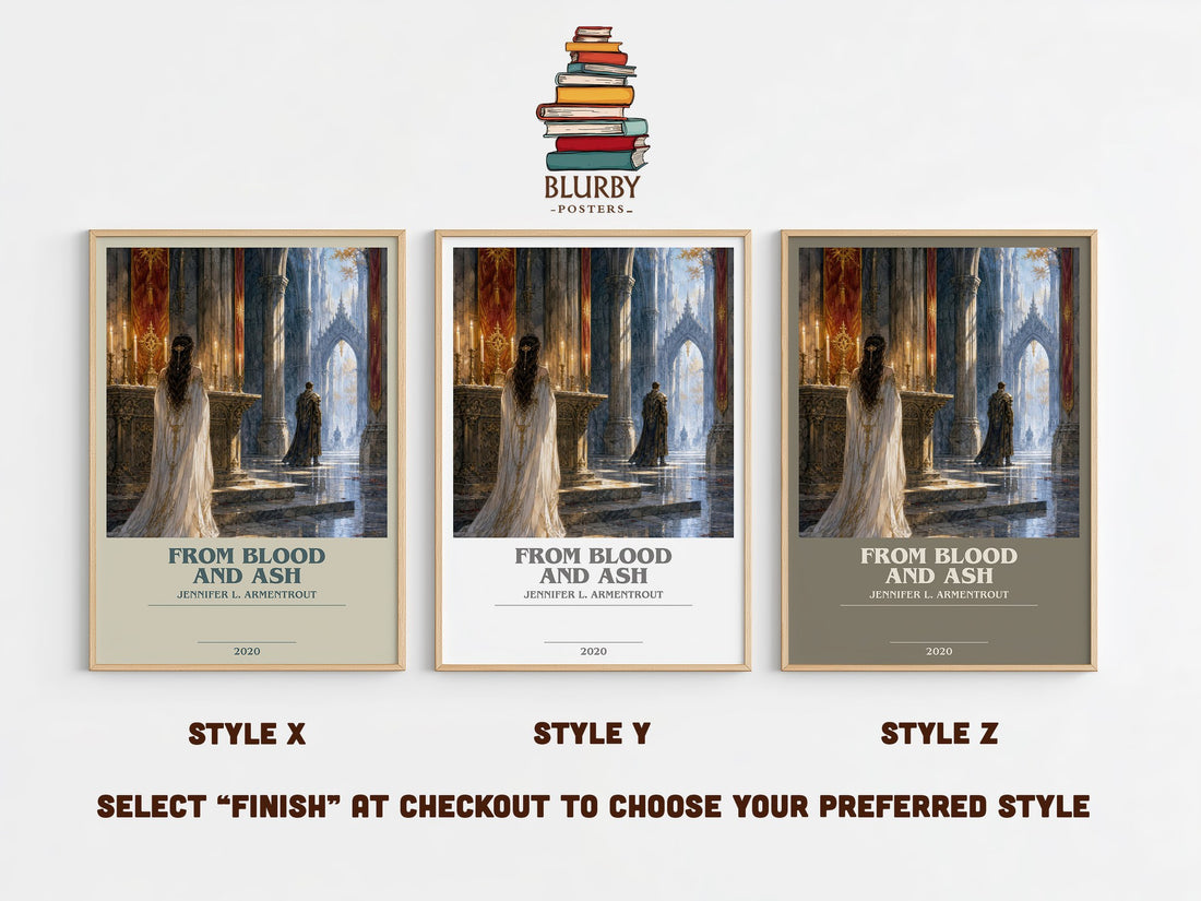 From Blood and Ash bookish print in frame leaning in hallway – fantasy wall art (mockup)