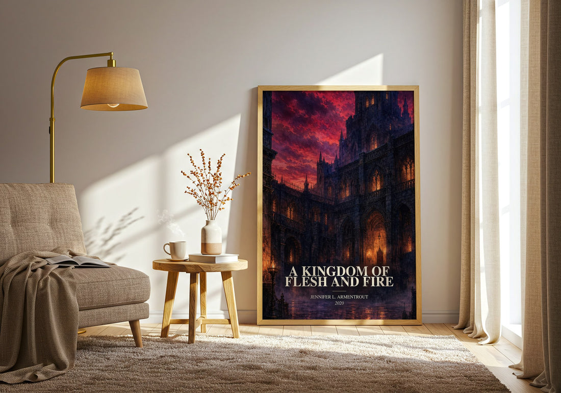 A Kingdom of Flesh and Fire watercolour print in frame leaning in hallway – fantasy wall art (mockup)