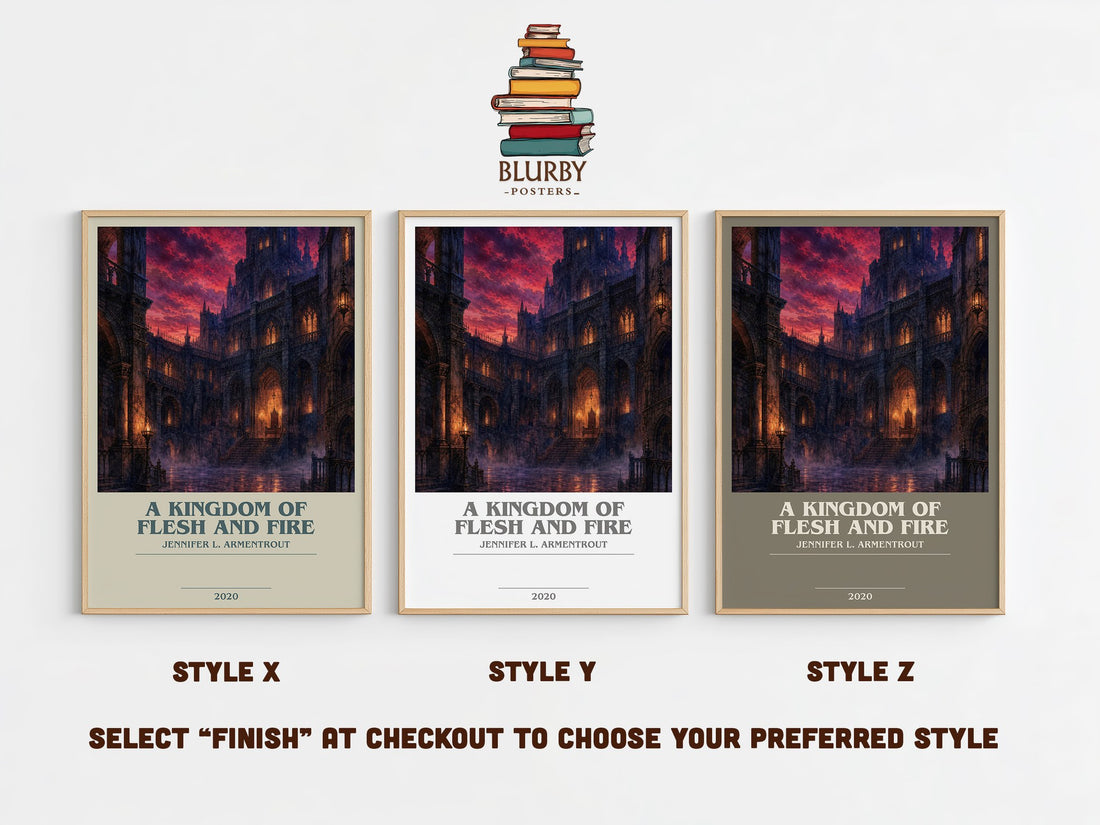 A Kingdom of Flesh and Fire bookish print in frame leaning in hallway – fantasy wall art (mockup)