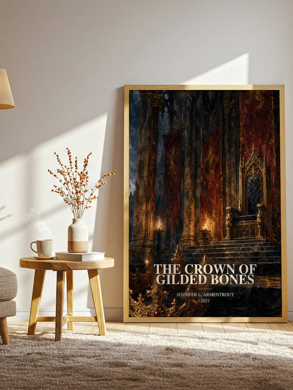 The Crown of Gilded Bones watercolour print in frame leaning in hallway – fantasy wall art