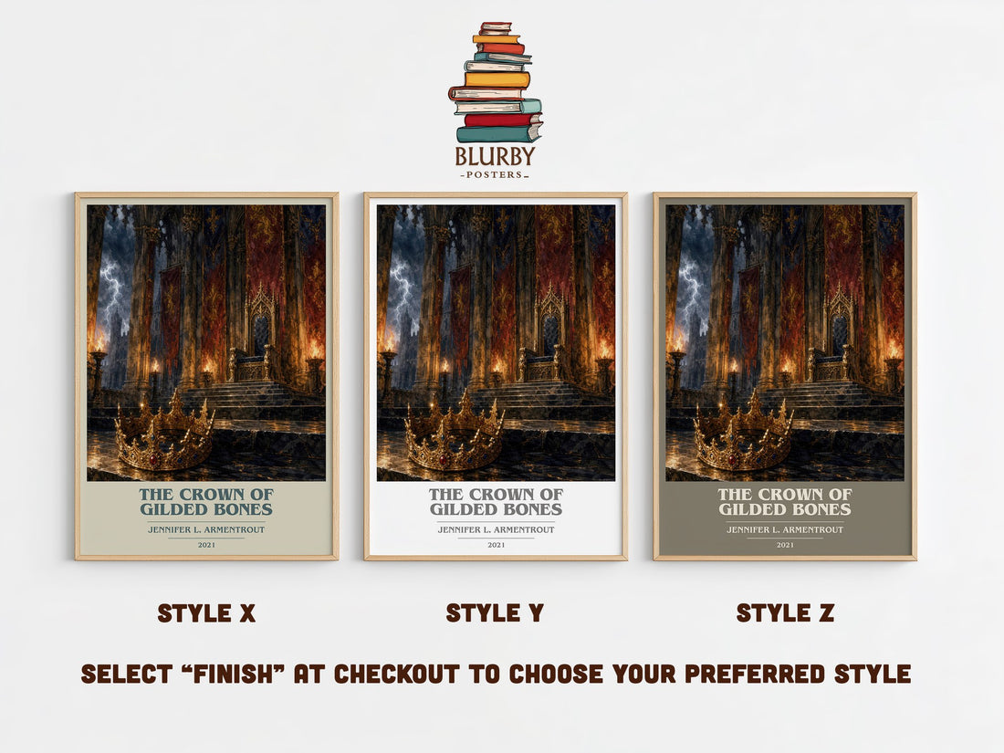 The Crown of Gilded Bones book cover print in frame leaning in hallway – fantasy wall art (mockup)