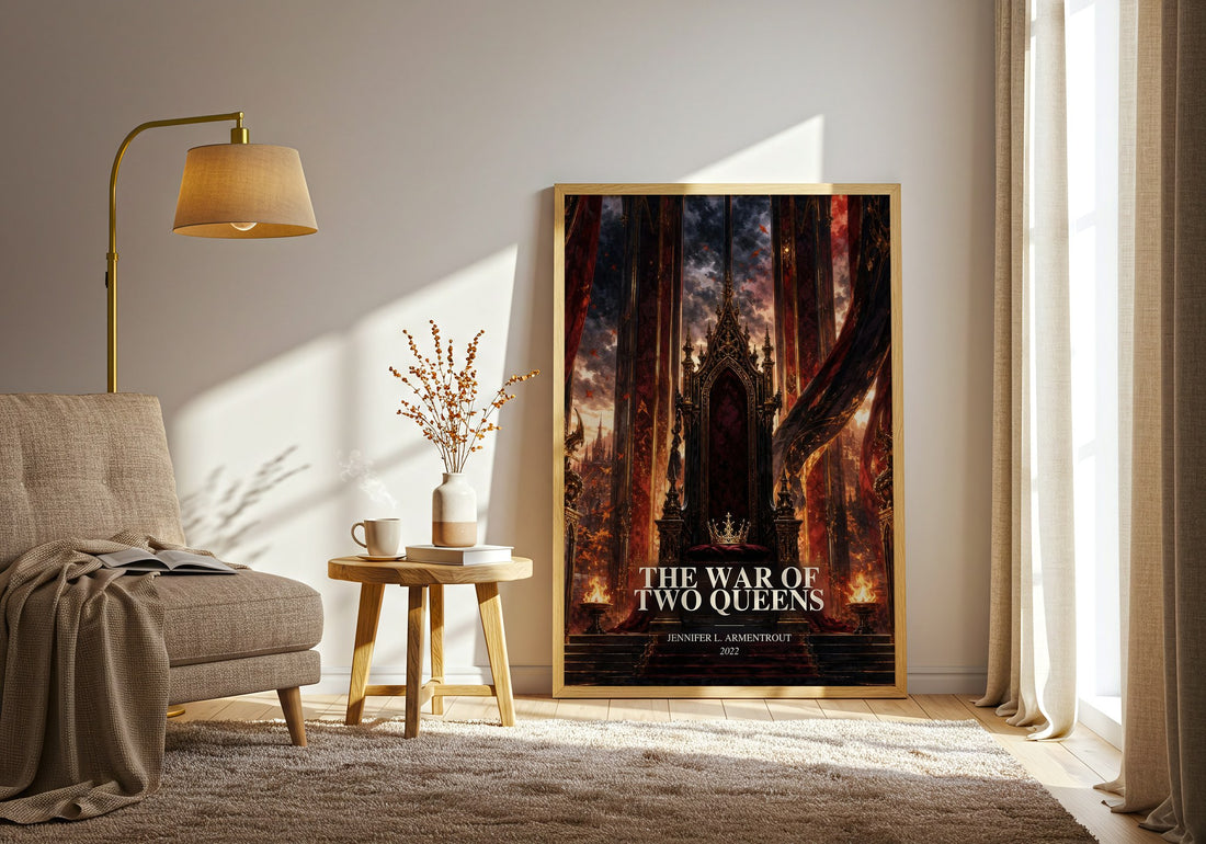 The War of Two Queens watercolour print in frame leaning in hallway – fantasy wall art (mockup)