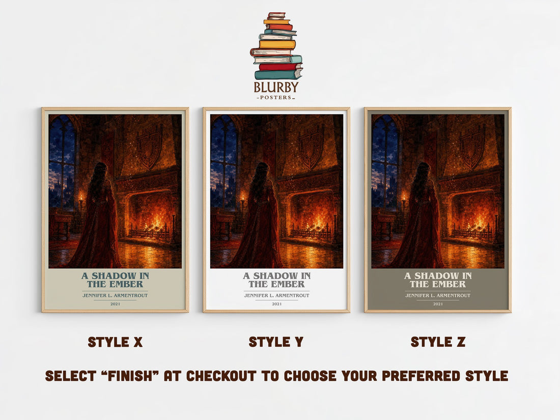 A Shadow in the Ember book cover print in frame leaning in hallway – fantasy wall art (mockup)