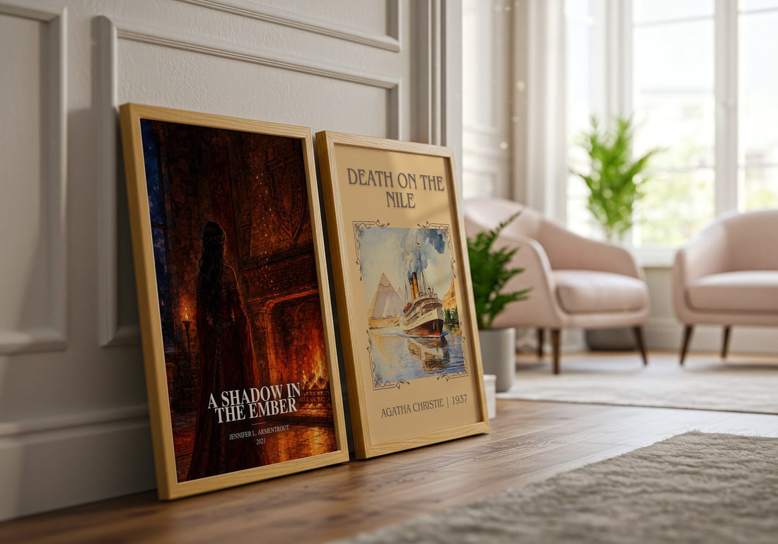 A Shadow in the Ember watercolour print framed by window – literary home decor