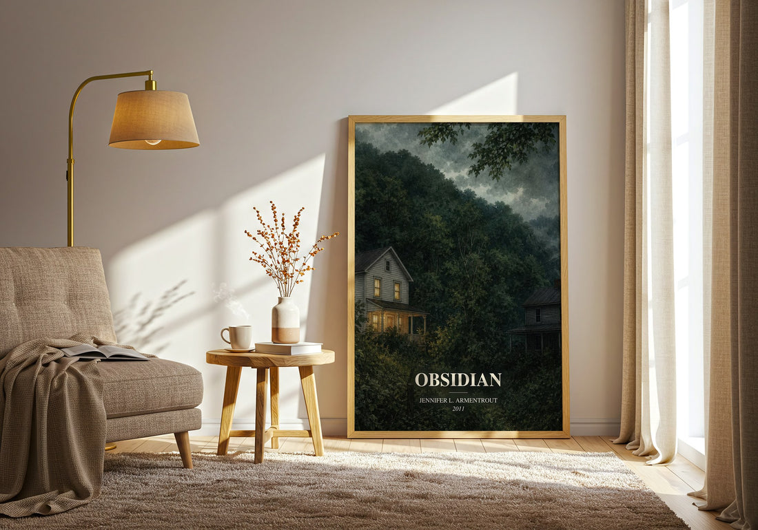 Obsidian watercolour print in frame leaning in hallway – young adult wall art (mockup)