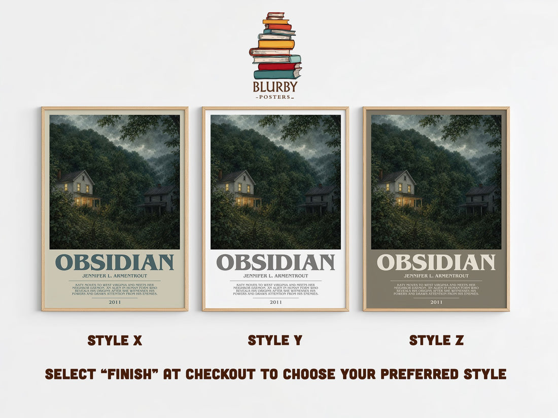 Obsidian bookish print in frame leaning in hallway – young adult wall art (mockup)