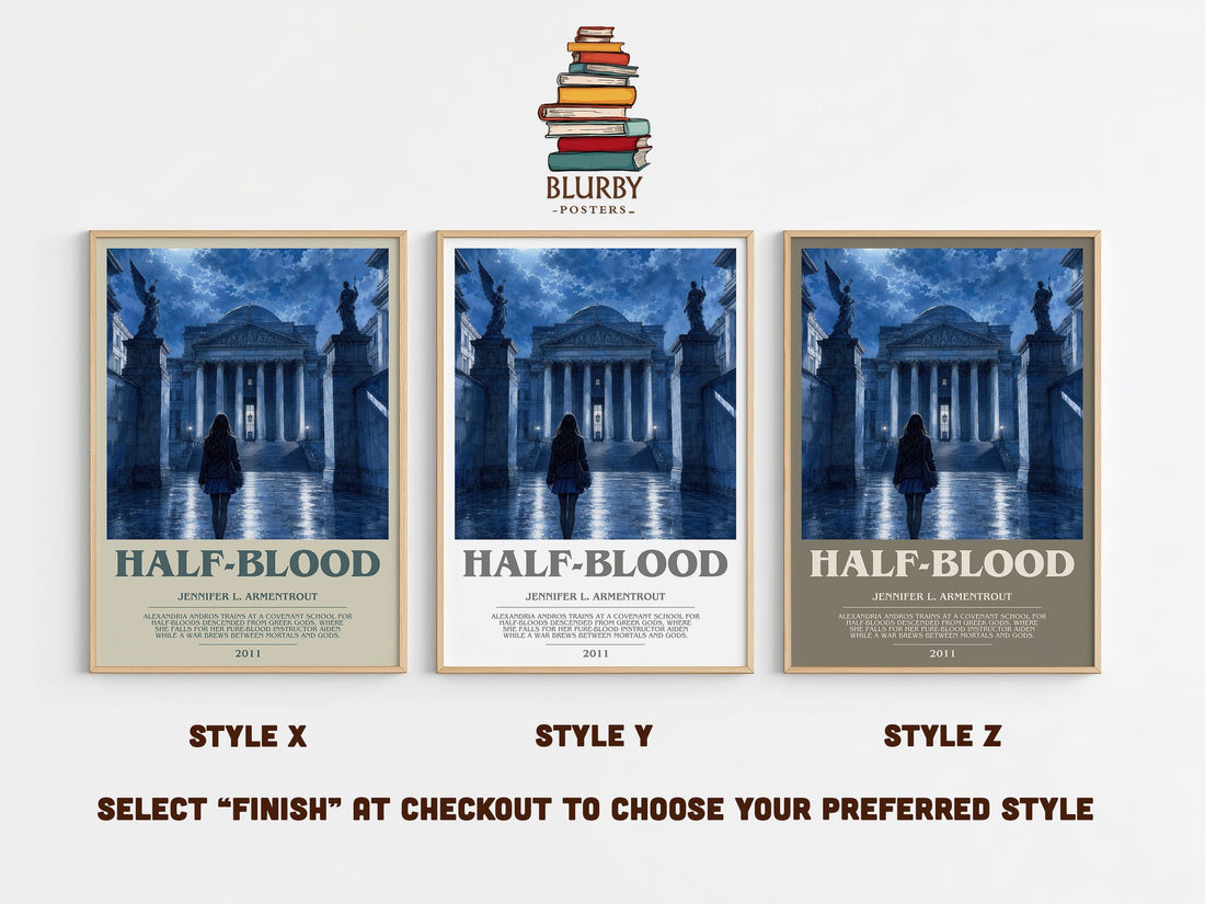 Half-Blood bookish print in frame leaning in hallway – young adult wall art (mockup)