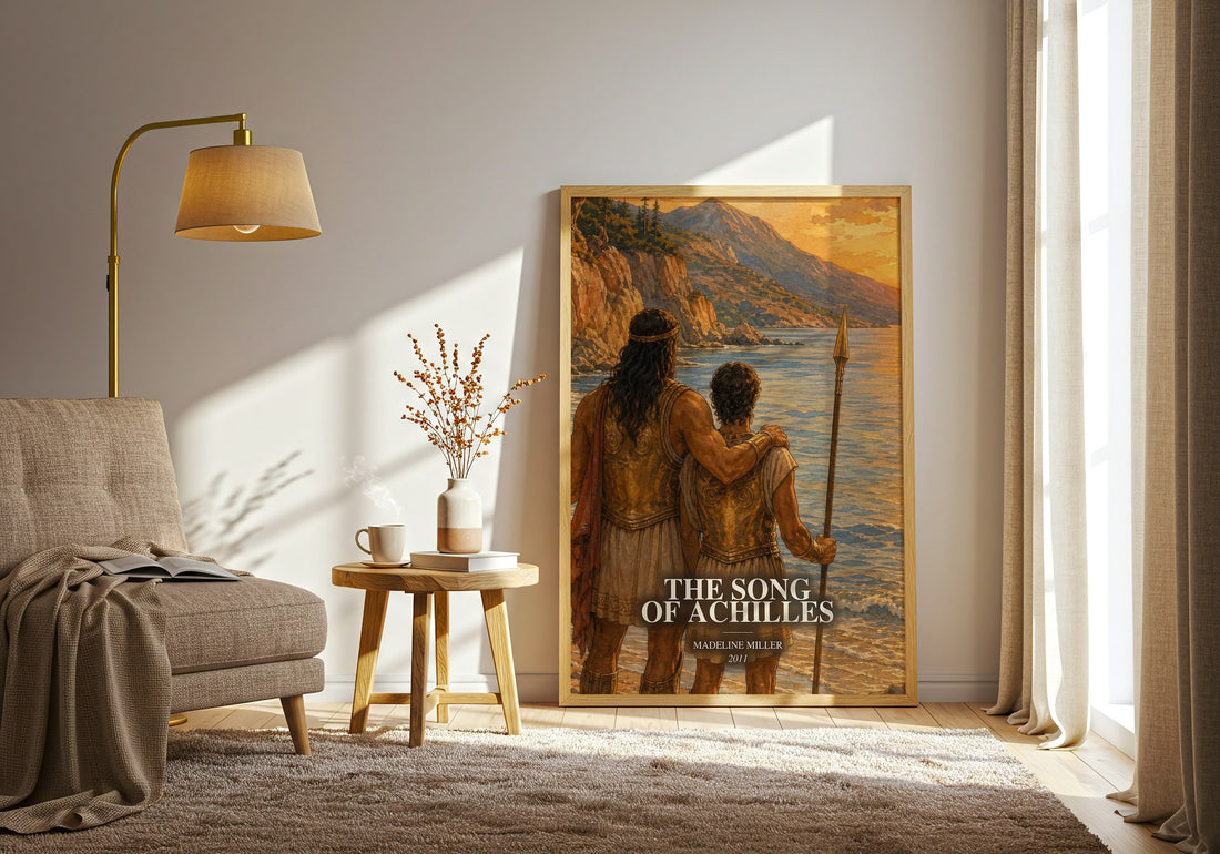 The Song of Achilles watercolour print in frame leaning in hallway – literary fiction wall art (mockup)