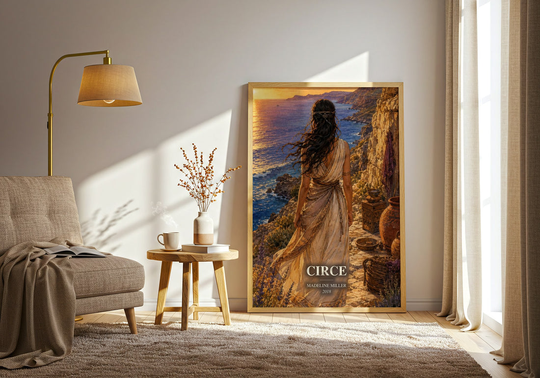 Circe watercolour print in frame leaning in hallway – fantasy wall art (mockup)