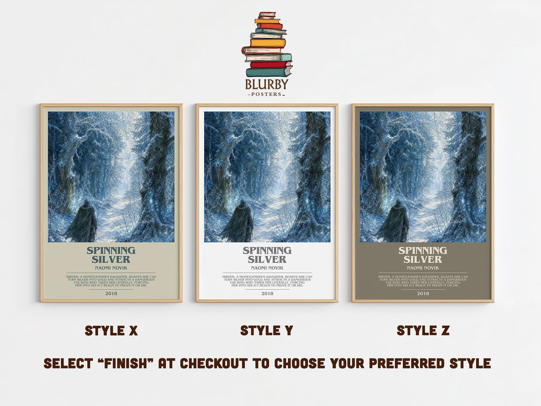Spinning Silver bookish print in frame leaning in hallway – fantasy wall art (mockup)
