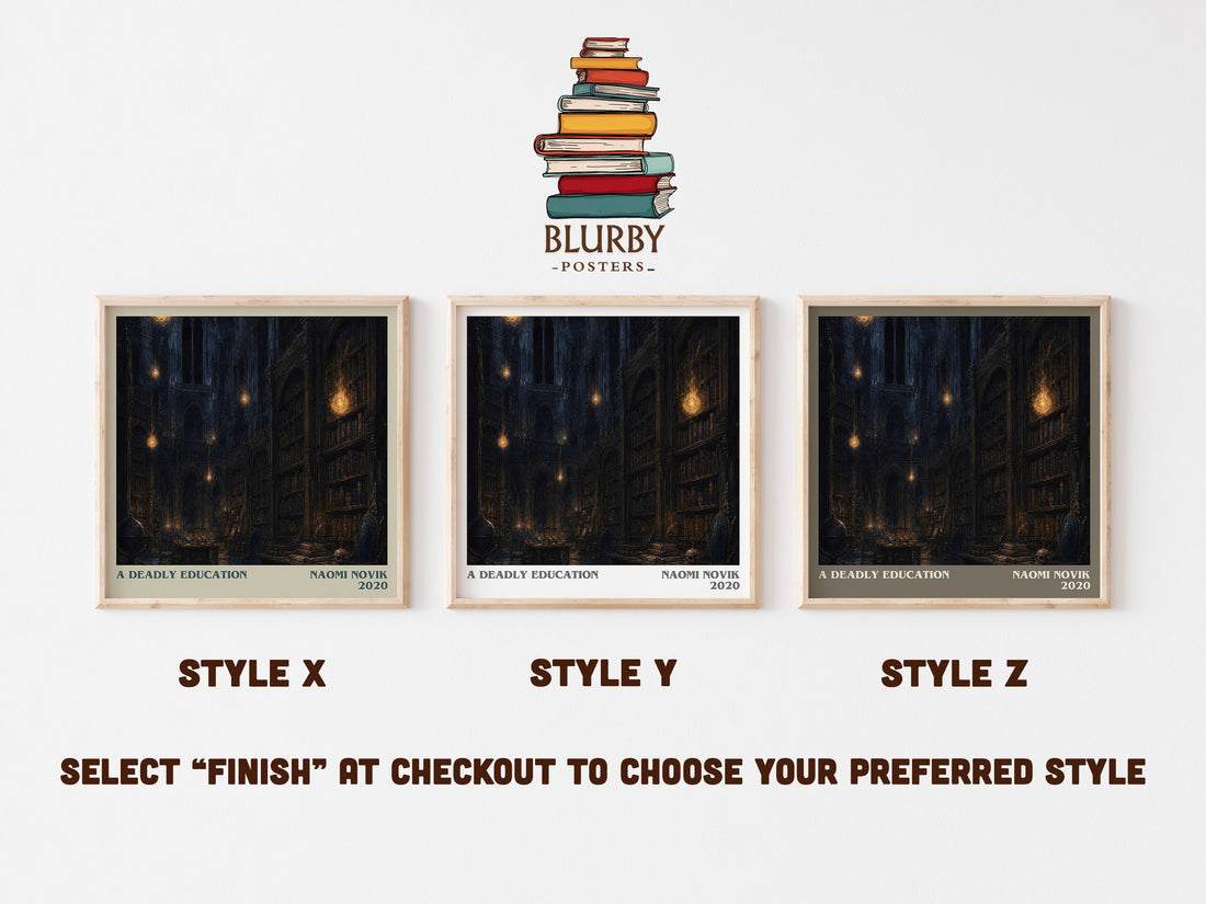 A Deadly Education literary print in frame leaning in hallway – fantasy wall art (mockup)