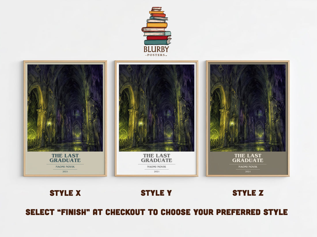 The Last Graduate book cover print in frame leaning in hallway – fantasy wall art (mockup)