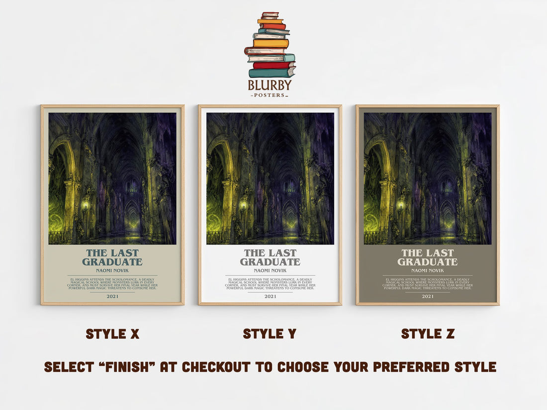 The Last Graduate bookish print in frame leaning in hallway – fantasy wall art (mockup)