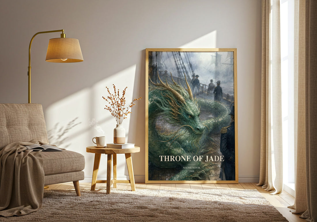 Throne of Jade watercolour print in frame leaning in hallway – fantasy wall art (mockup)