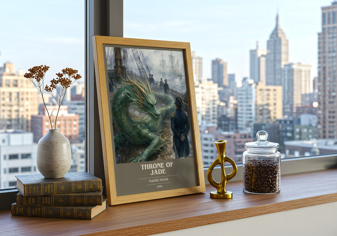 Throne of Jade book cover print framed by window – literary home decor
