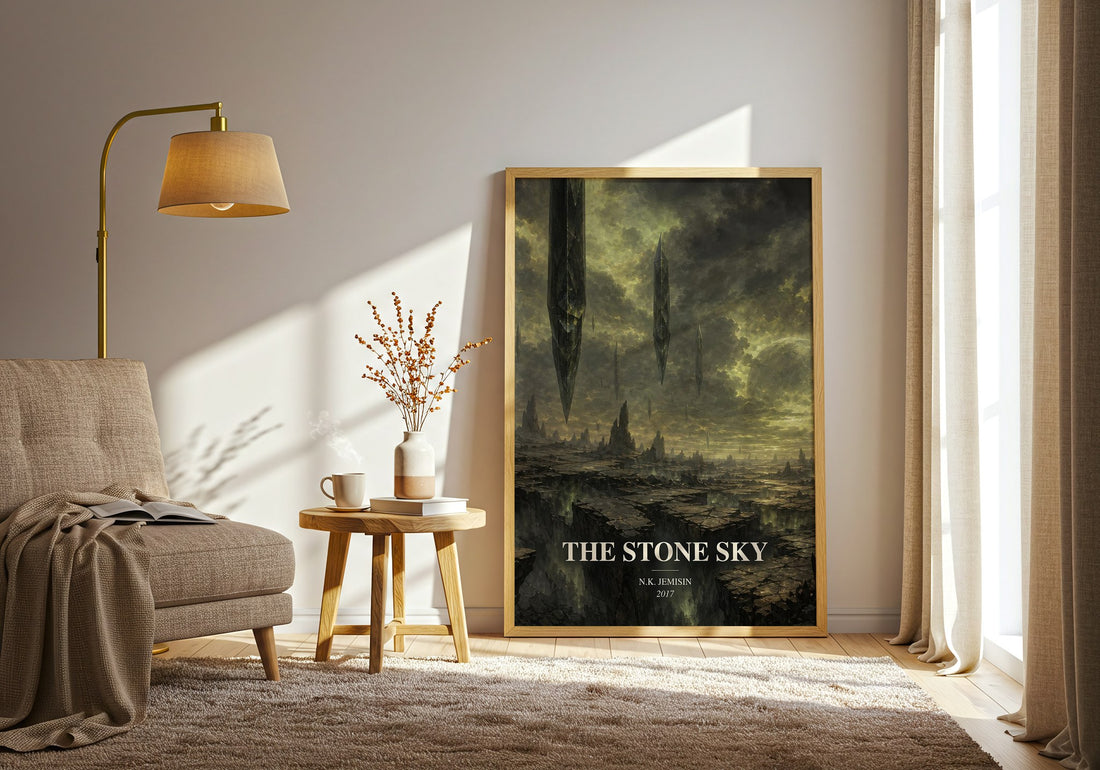 The Stone Sky watercolour print in frame leaning in hallway – fantasy wall art (mockup)