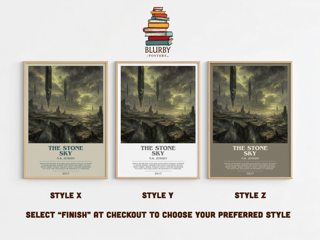The Stone Sky bookish print in frame leaning in hallway – fantasy wall art (mockup)