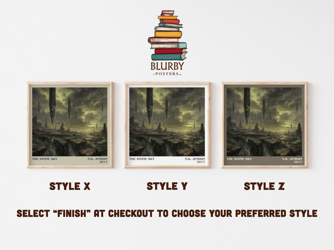 The Stone Sky literary print in frame leaning in hallway – fantasy wall art (mockup)