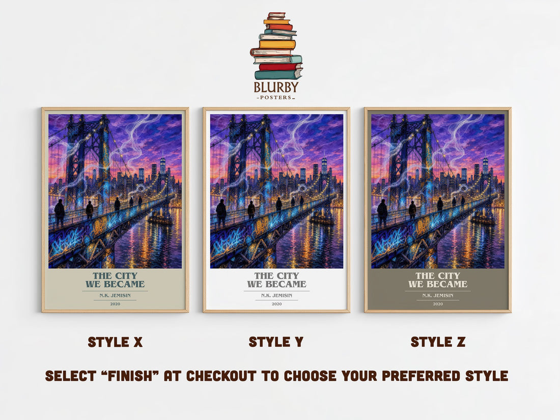 The City We Became book cover print in frame leaning in hallway – fantasy wall art (mockup)