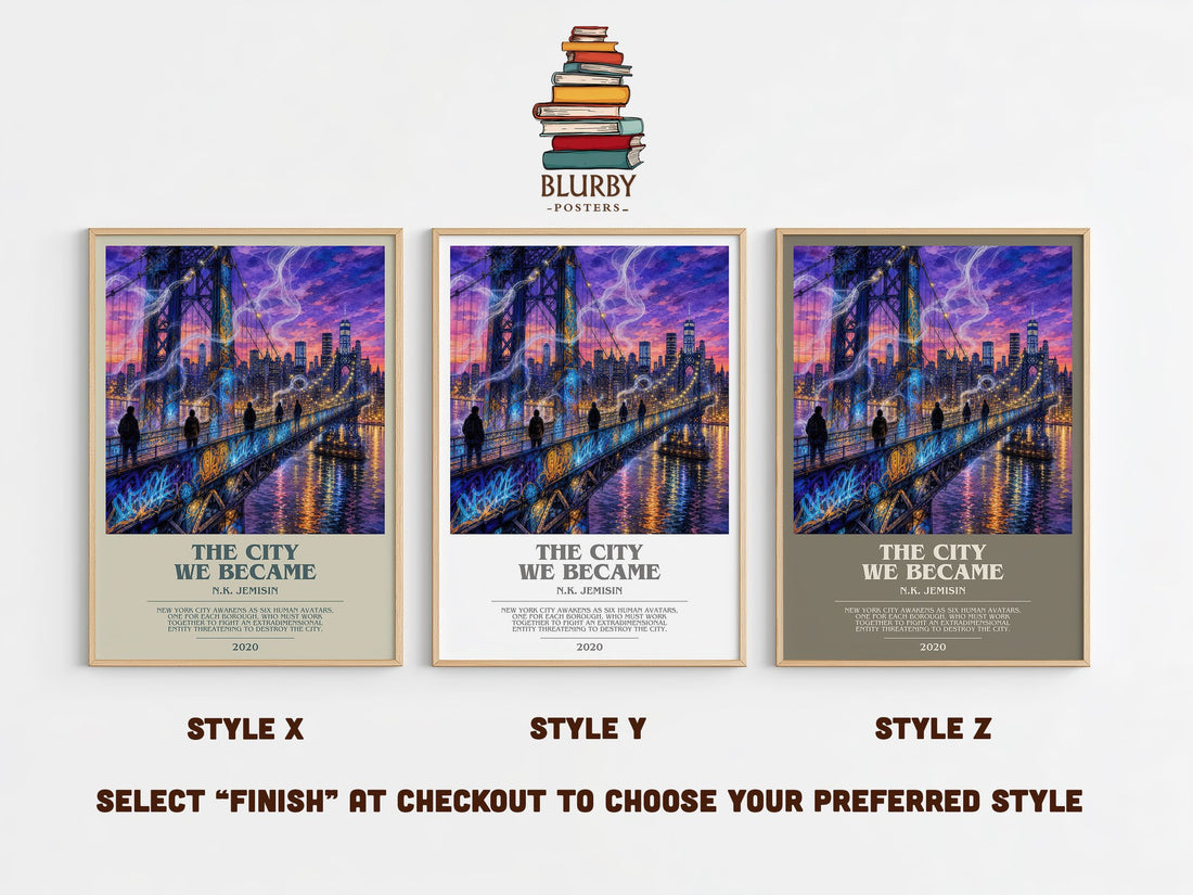 The City We Became bookish print in frame leaning in hallway – fantasy wall art (mockup)