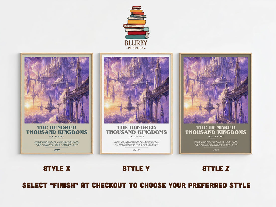 The Hundred Thousand Kingdoms bookish print in frame leaning in hallway – fantasy wall art (mockup)