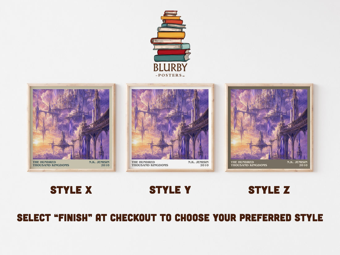 The Hundred Thousand Kingdoms literary print in frame leaning in hallway – fantasy wall art (mockup)