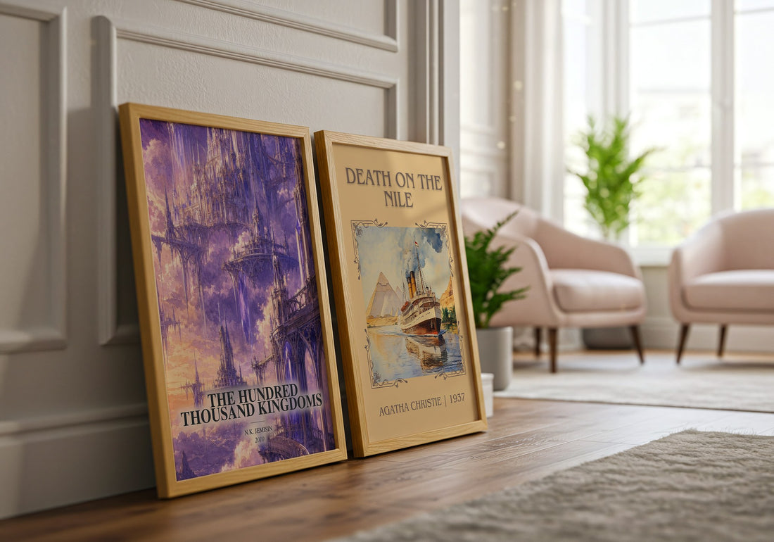 The Hundred Thousand Kingdoms watercolour print framed by window – literary home decor